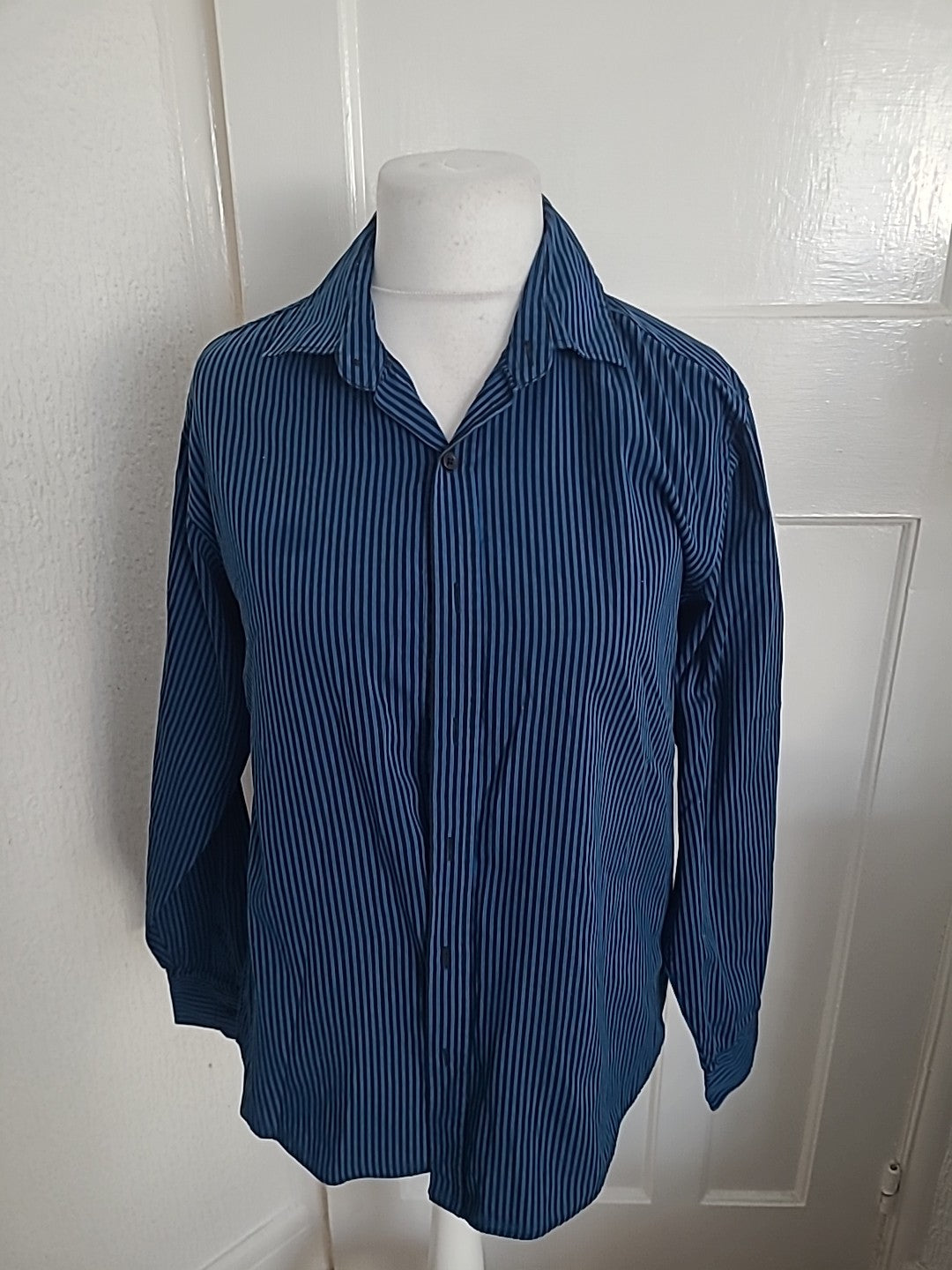 Mens George Size Large Blue And Black Striped Shirt Long Sleeved