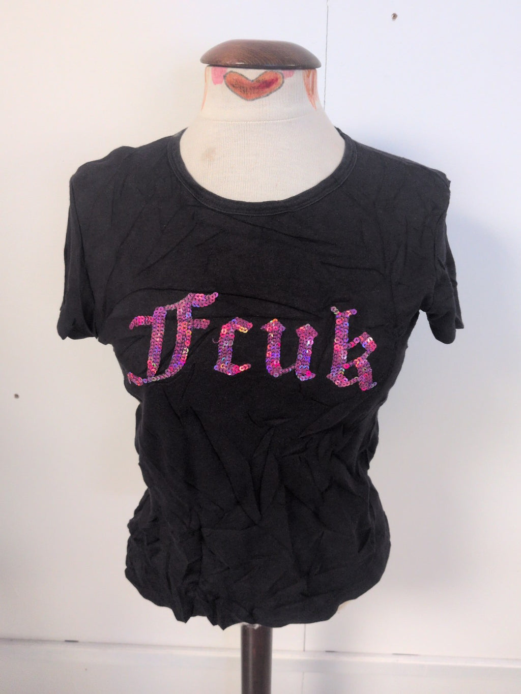 Ladies Fcuk Jeans Size Large Black With Pink Sequin Short Sleeve T-shirt