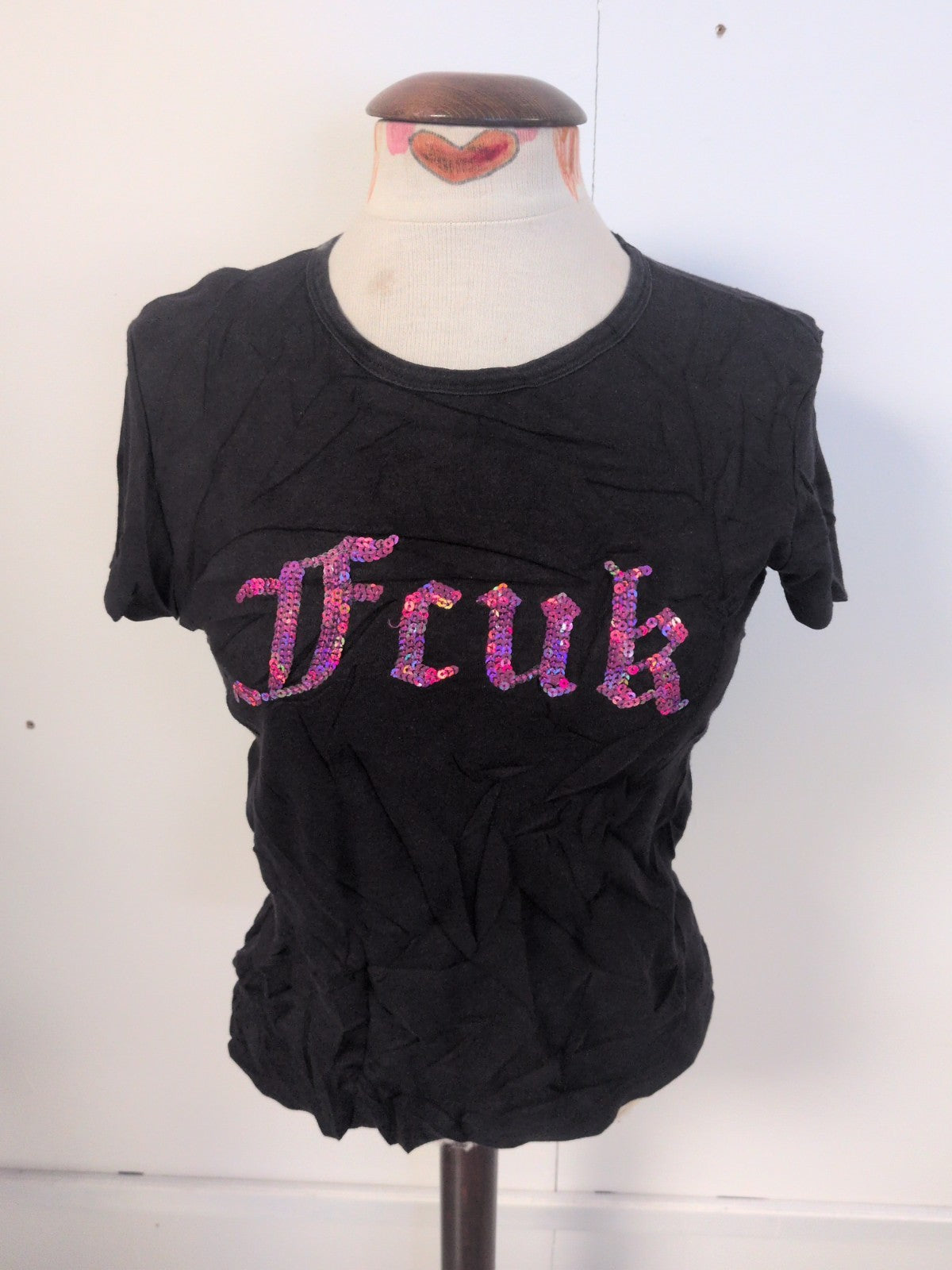 Ladies Fcuk Jeans Size Large Black With Pink Sequin Short Sleeve T-shirt