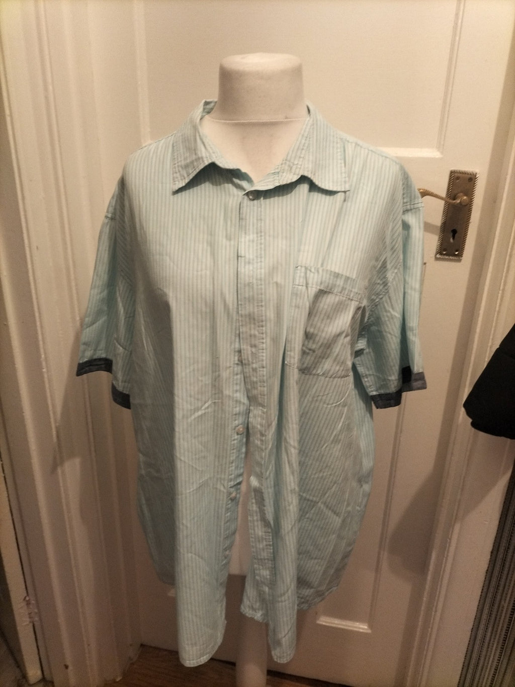 Mens Atlas Size 3XL Aqua Blue Striped Short Sleeved Shirt