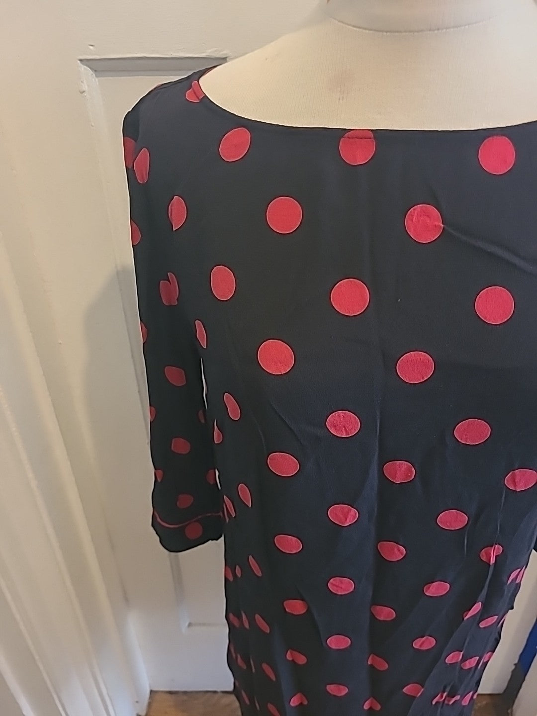Ladies Next Size 12 Black/Pink Spotted Mid Sleeved Dress