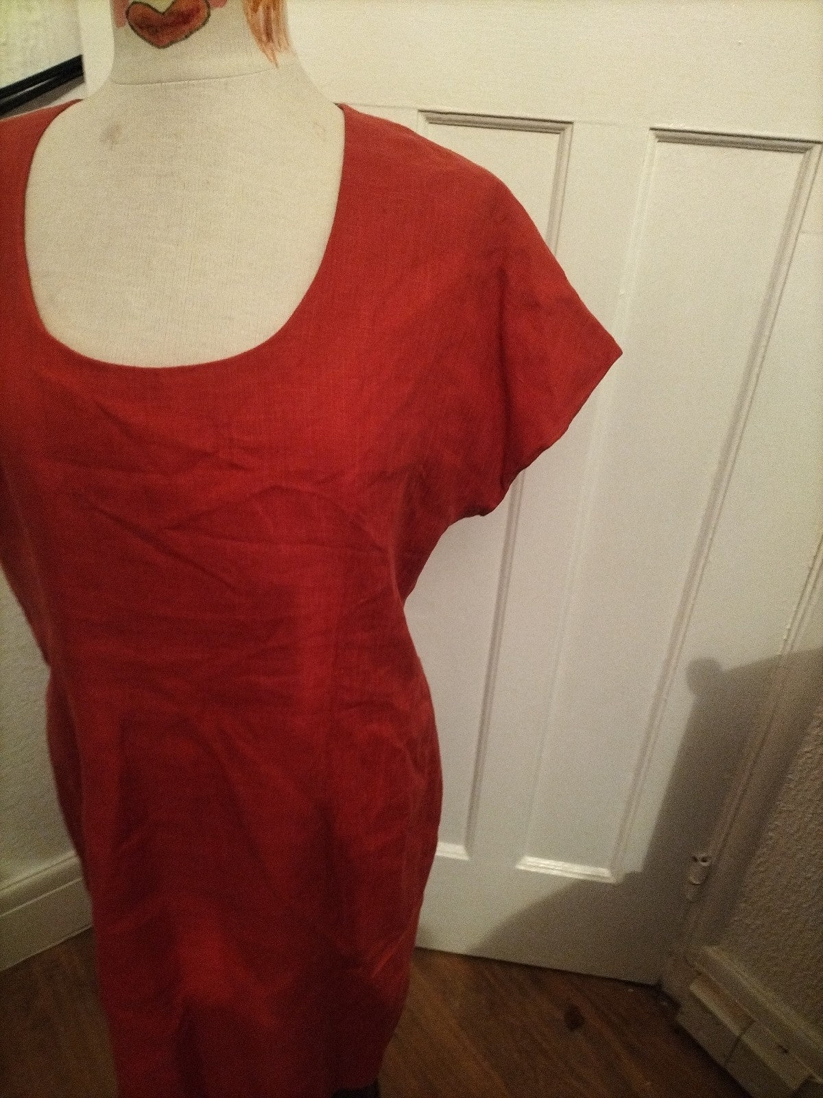 Ladies Vintage Size Large Red Lined Scoop Neck Short Sleeved Dress
