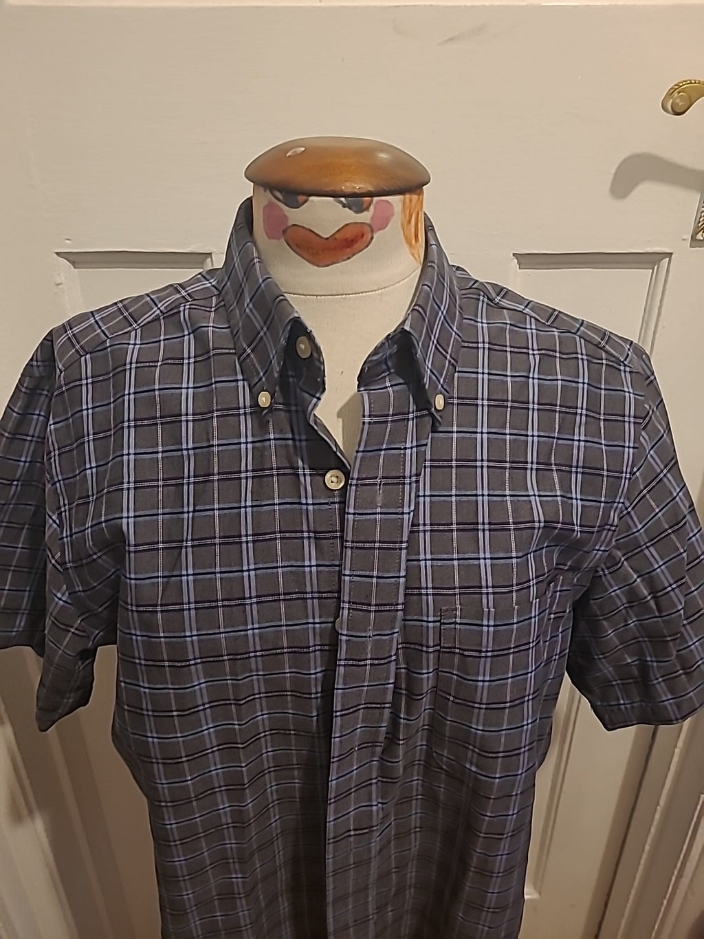 Mens St Johns Bay Size Medium Grey Blue Check Short Sleeved Shirt