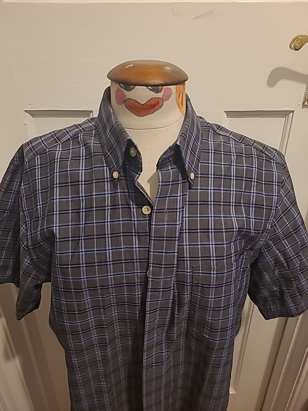 Mens St Johns Bay Size Medium Grey Blue Check Short Sleeved Shirt