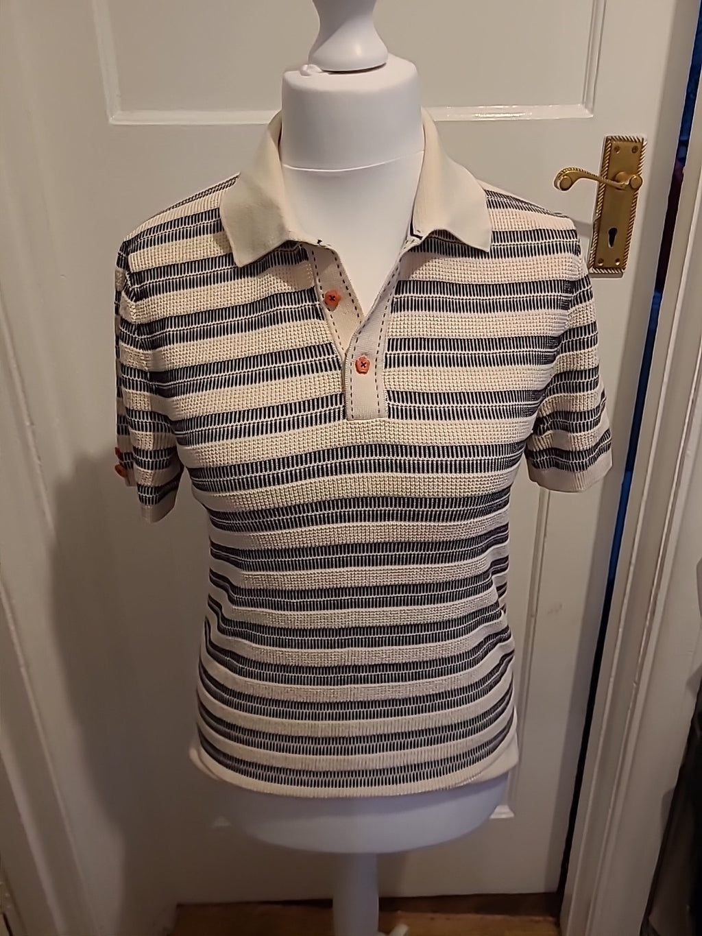 Mens Size Medium Beige And Black Striped Polo