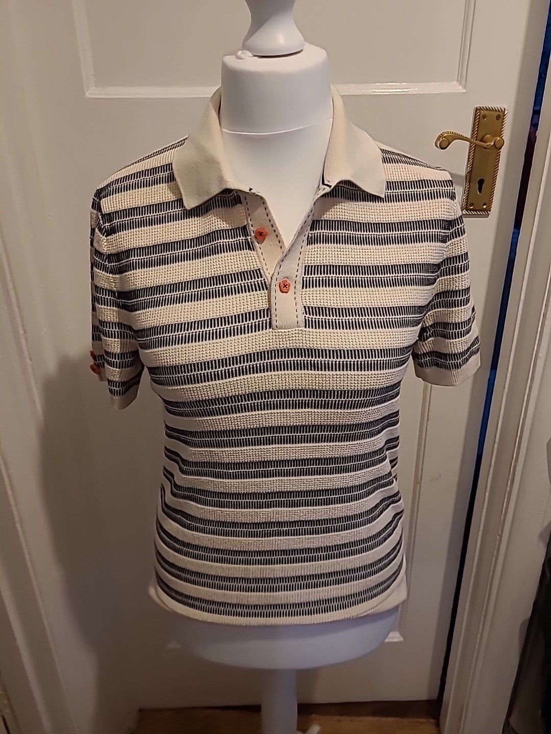 Mens Size Medium Beige And Black Striped Polo