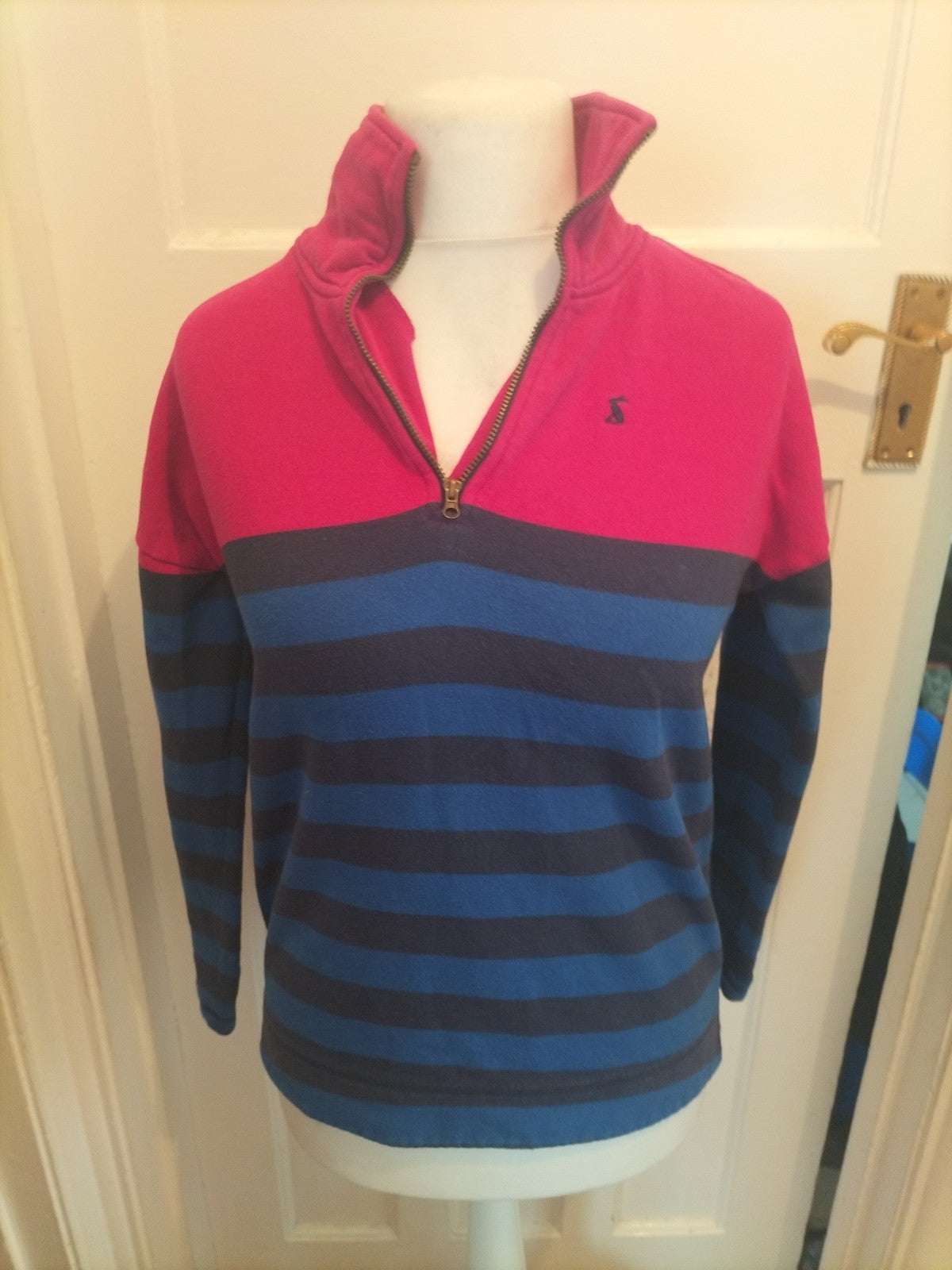 Ladies Joules Size 8 Pink/Navy And Blue Collared Pullover Jumper