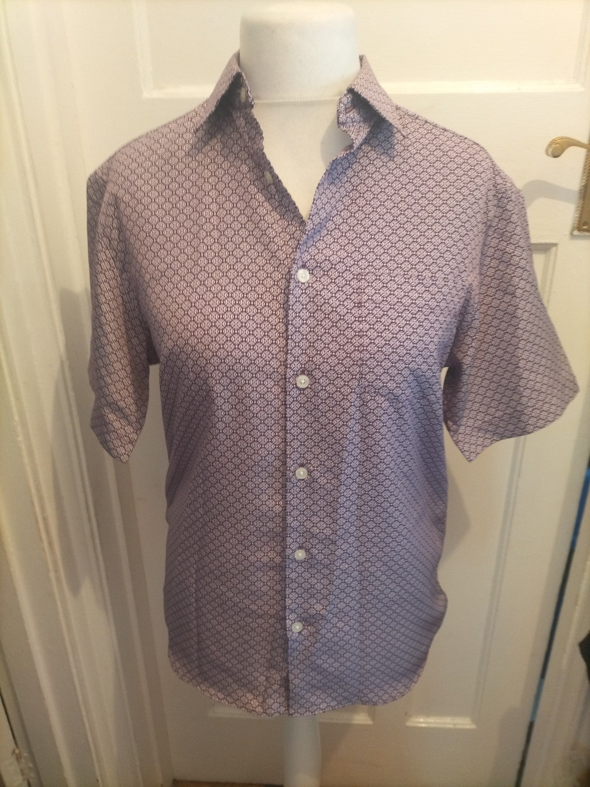 M&S Regular Fit Small Purple And White Easy Care Short Sleeve Shirt