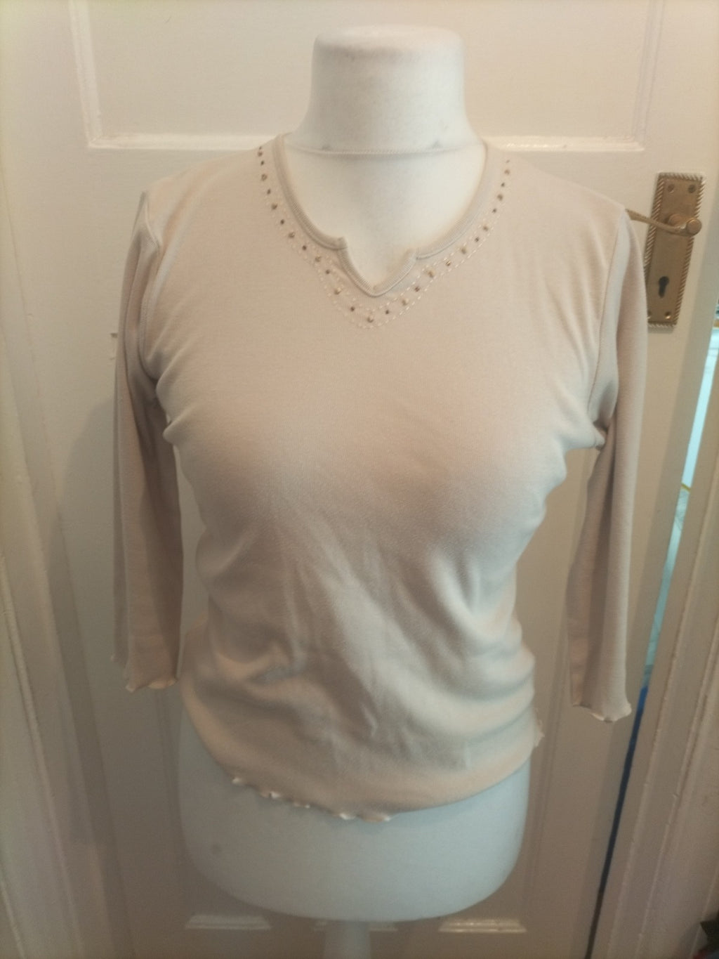 Tigi 10-12 Pale Beige Patterned Neck Long Sleeved Blouse