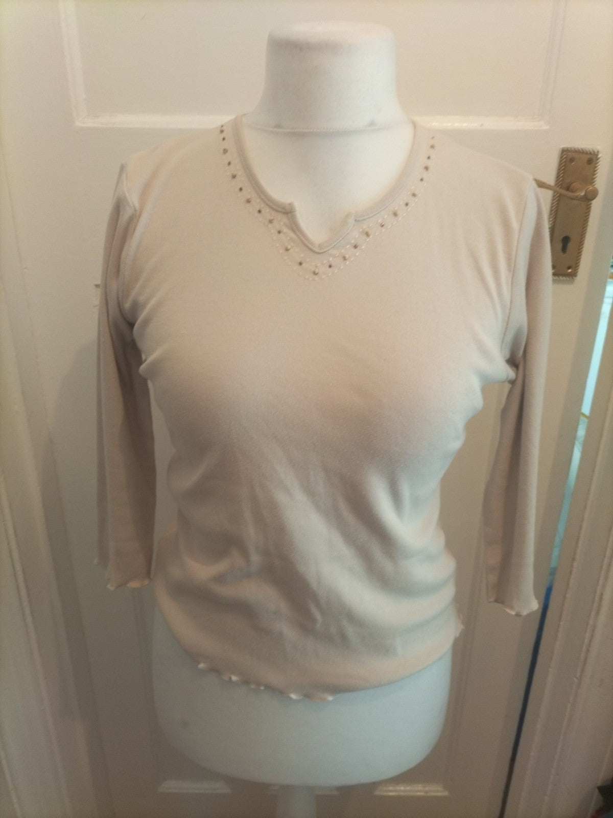 Tigi 10-12 Pale Beige Patterned Neck Long Sleeved Blouse