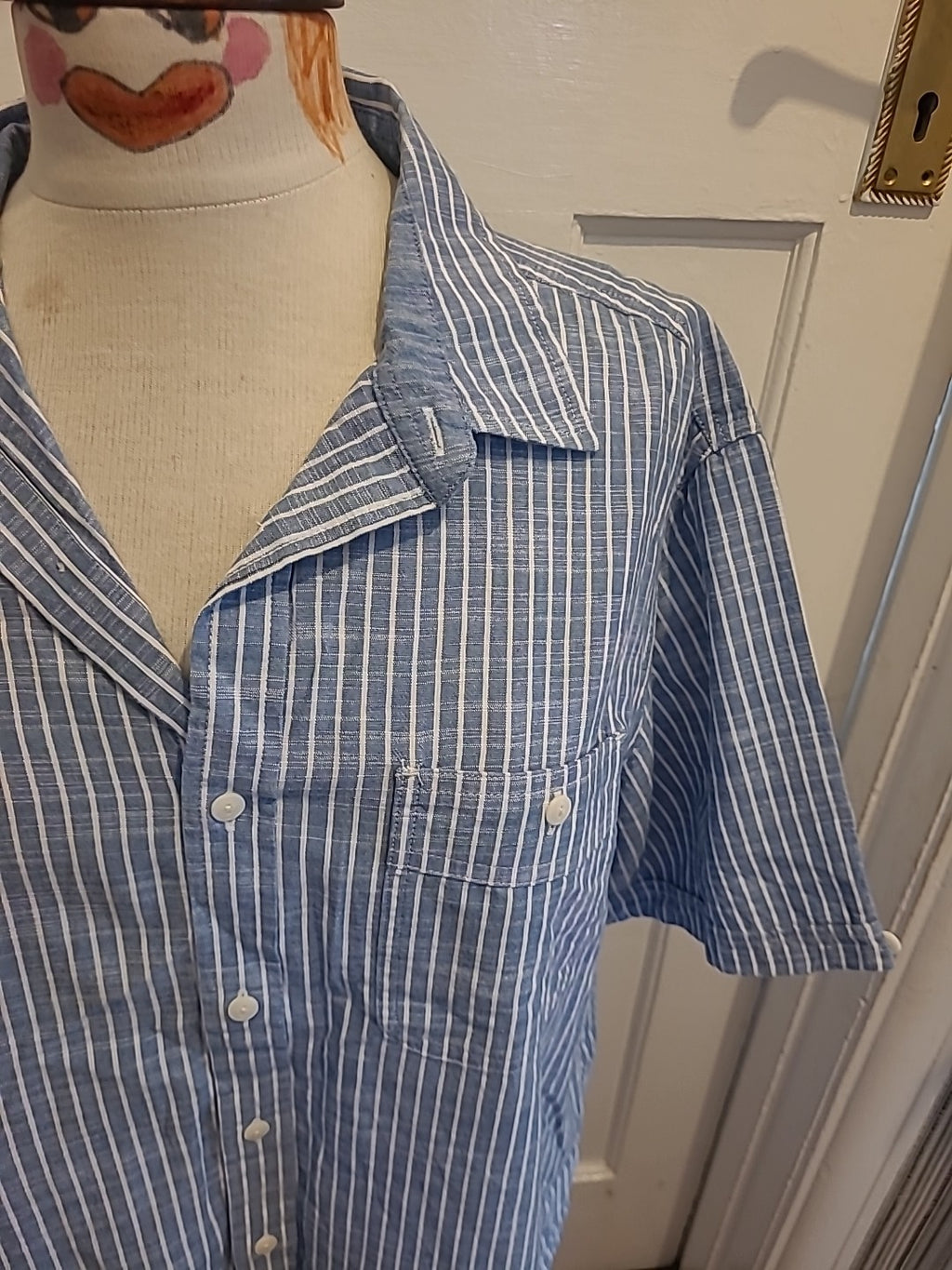 Mens Marks And Spencer Size Large Blue White Striped Cotton Slub Short...
