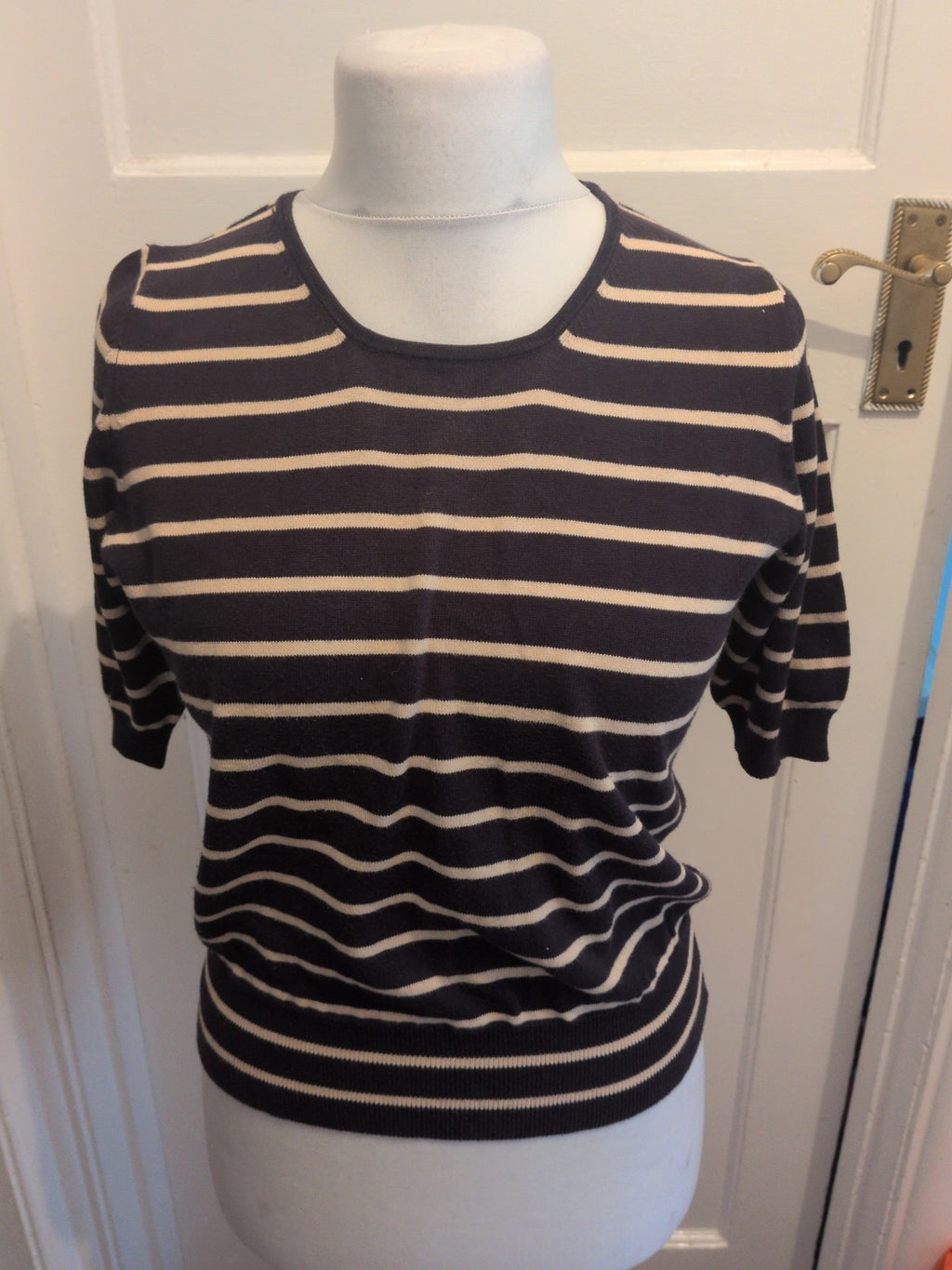 Planet Medium Brown And Navy Stripe Short Sleeve Jumper