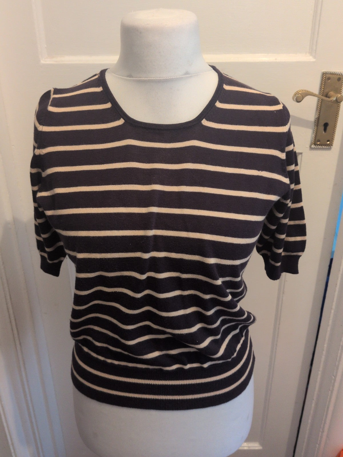 Planet Medium Brown And Navy Stripe Short Sleeve Jumper