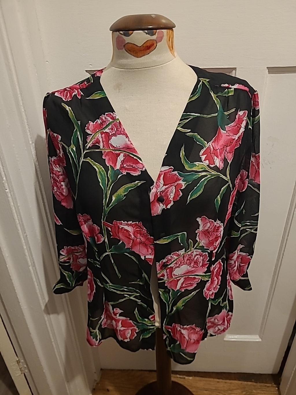 Ladies Size Large Cerise Black Floral Buttoned Blouse