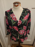Ladies Size Large Cerise Black Floral Buttoned Blouse