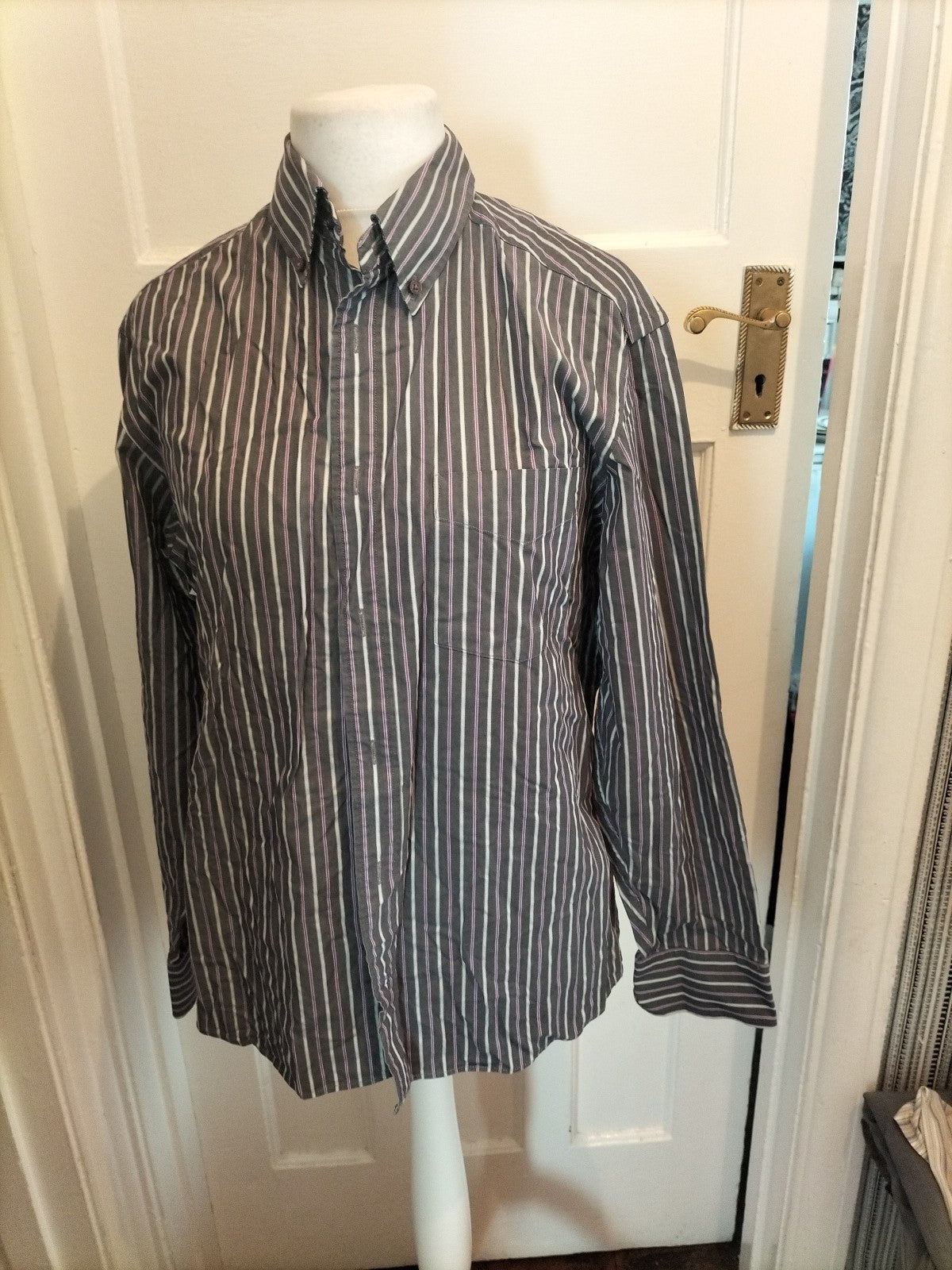 Mens Blue Harbour Size M Charcoal/Purple/White Striped Long Sleeved Shirt