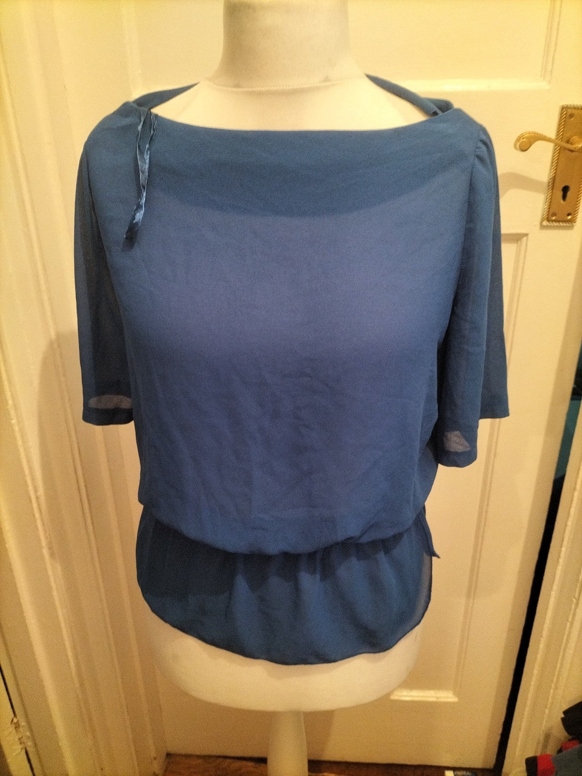 Papaya 10 Deep Blue Elasticated Hem Blouse Short Sleeve