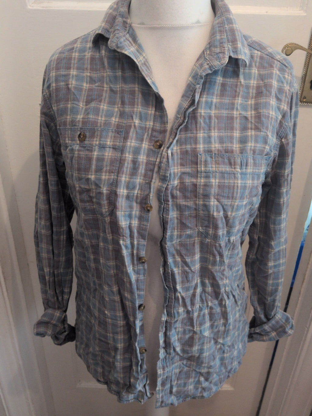 Tu Pure Cotton Medium Blue Check Long Sleeve Shirt