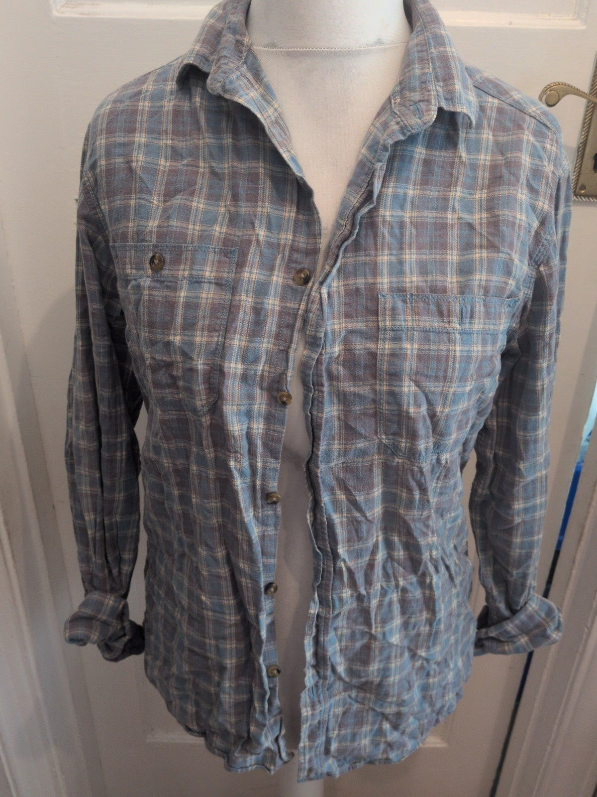 Tu Pure Cotton Medium Blue Check Long Sleeve Shirt