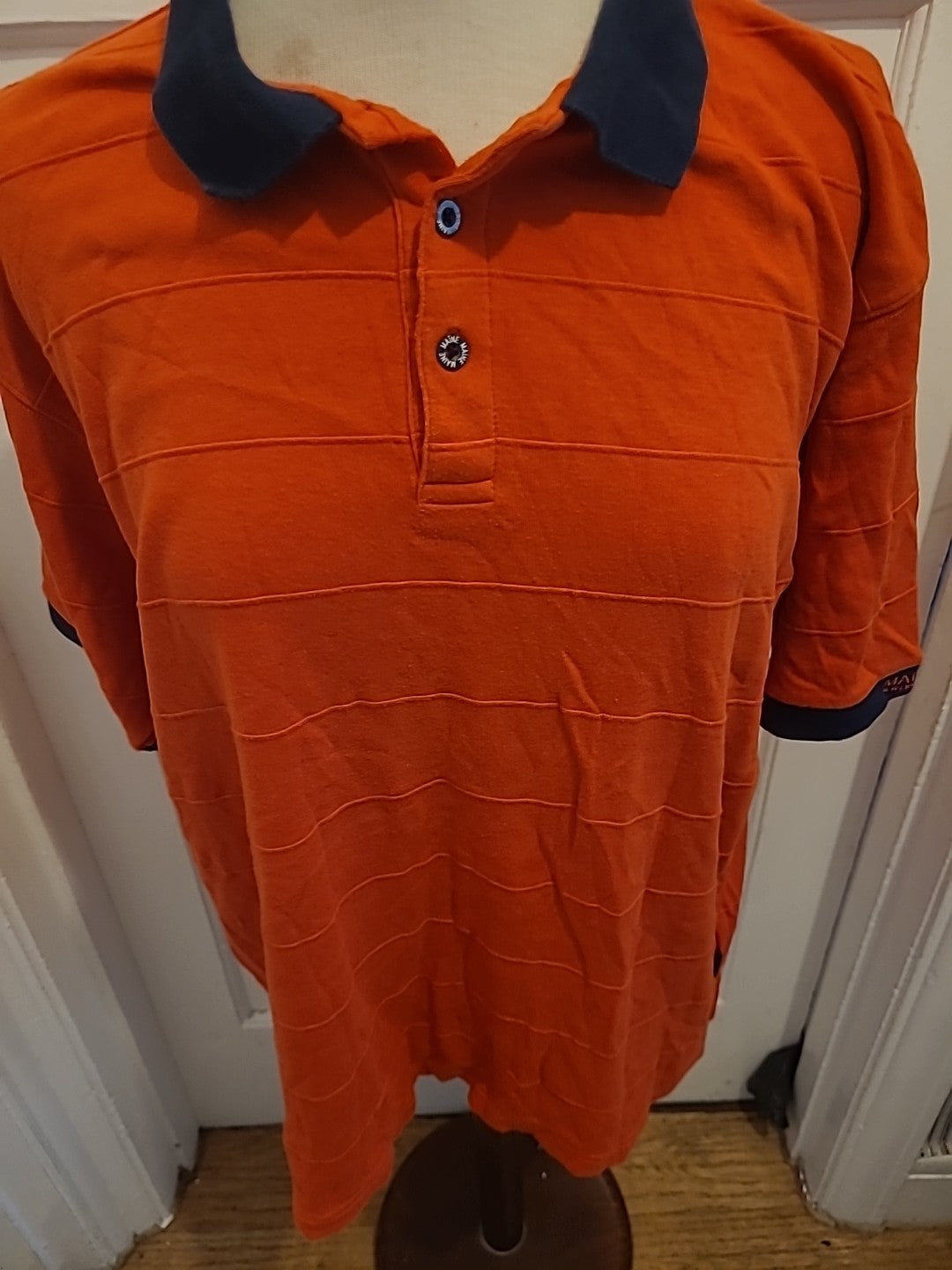 Mens Maine New England Size Large Orange Navy Short Sleeved Polo