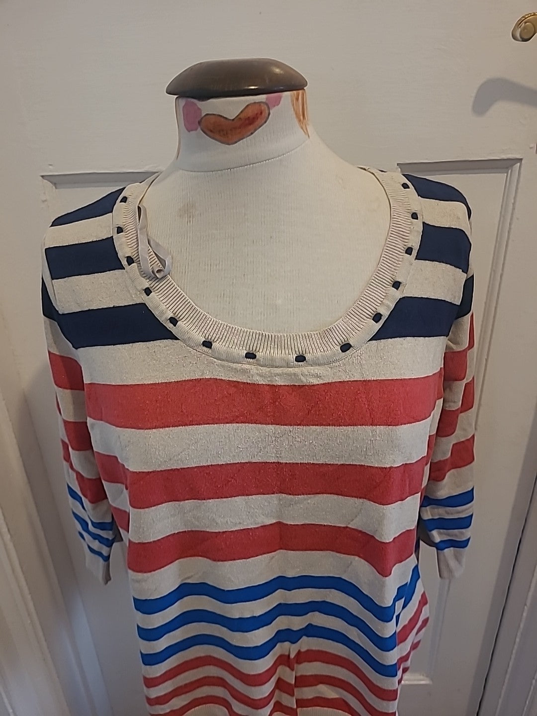 Ladies BM Size Large Beige Red Navy Striped Mid Sleeved Lightweight Jumper