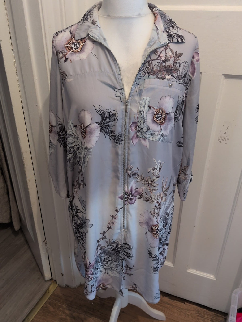 George 16 Grey Floral Long Sleeve Zipped Front Blouse