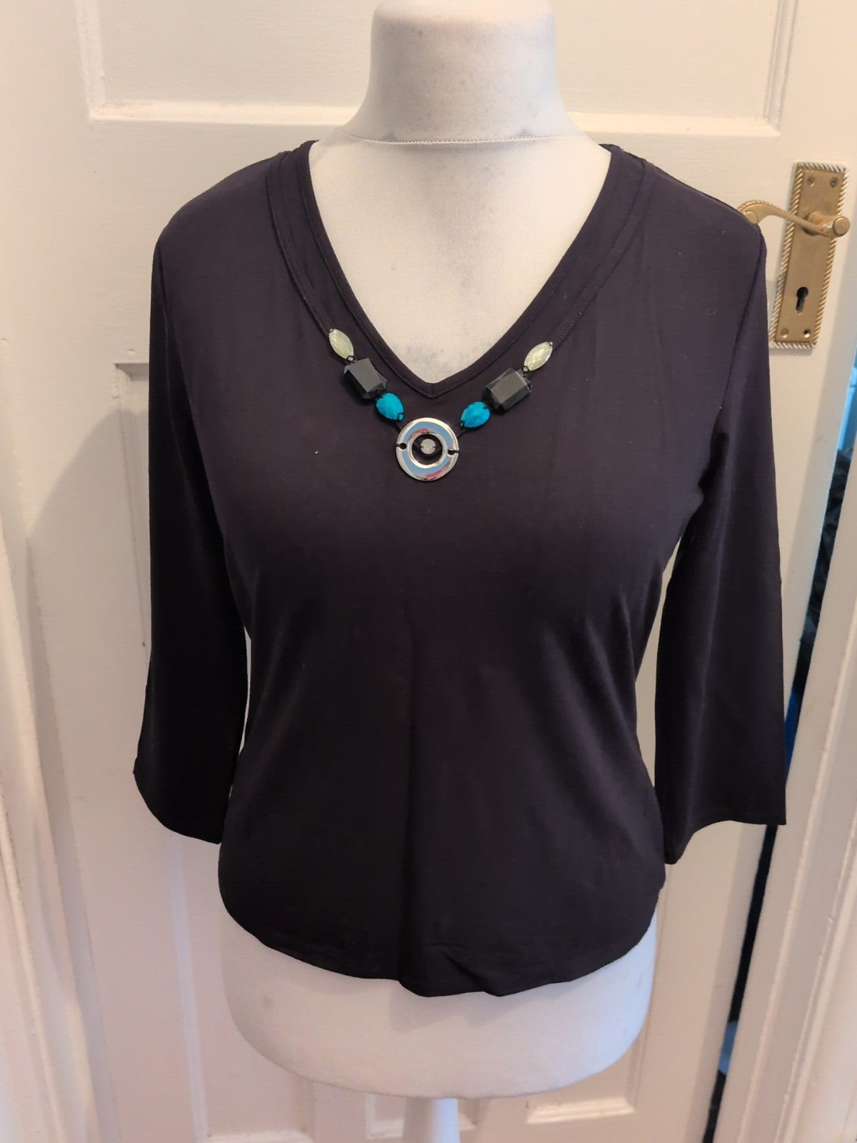 CC Petite Small Black Long Sleeve Diamante Neck Blouse