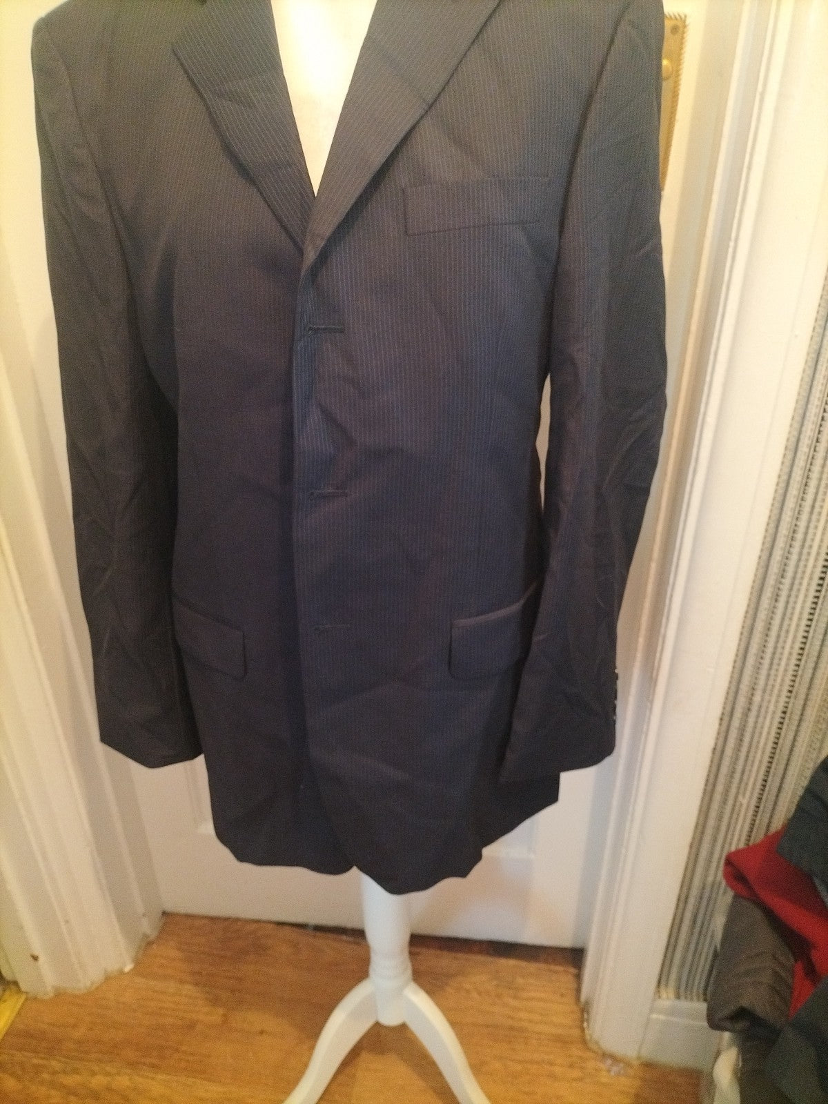 Mens Marks And Spencer Italian Size 40L Navy Stripe Suit Jacket
