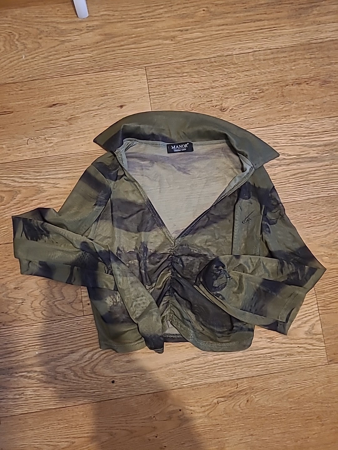 Ladies Manor Size Small Camo Ruched See Through Top