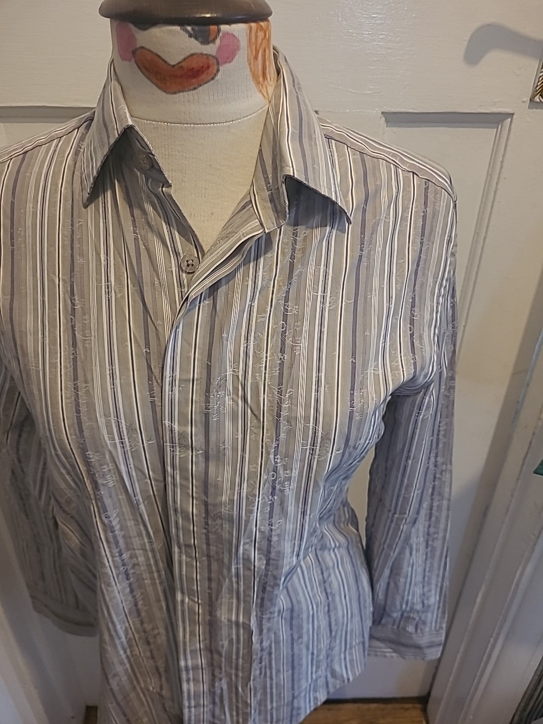 Mens John Rocha Size Small Grey Blue Detailed Striped Long Sleeved Shirt