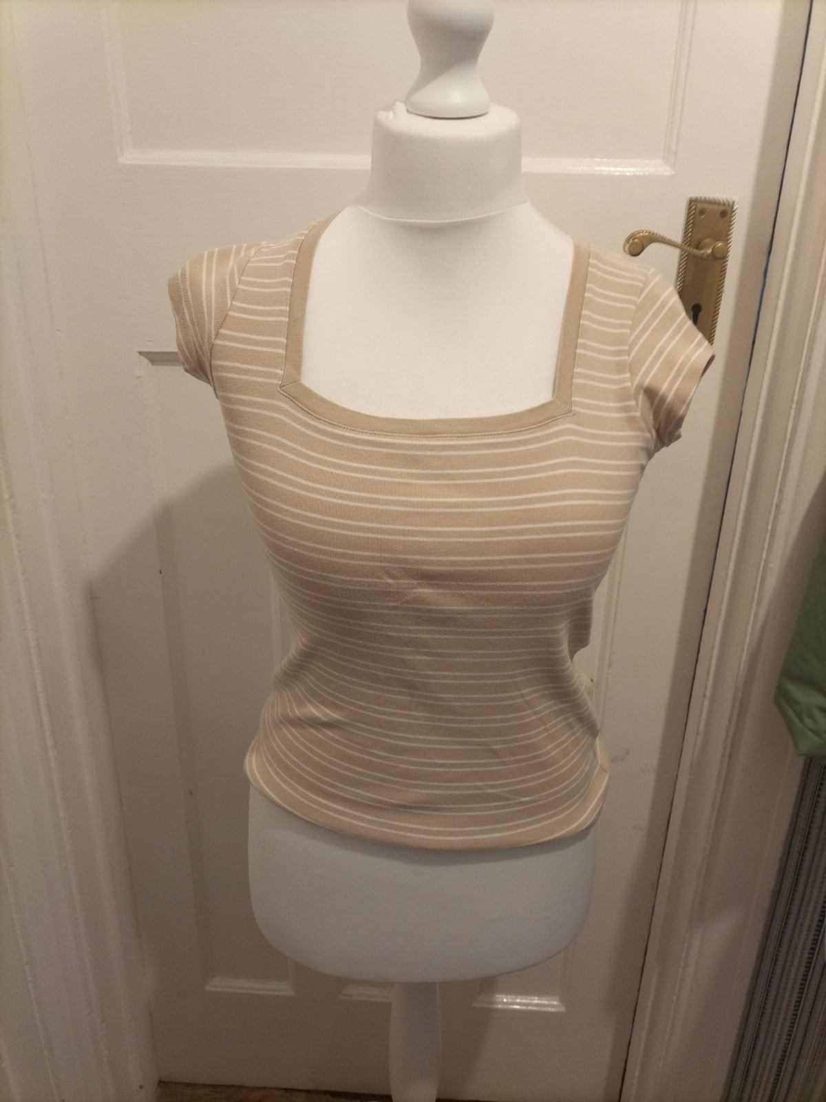 Ladies E-Vie Size 10-12 Pale Beige And White Striped Cap Sleeved Tshirt
