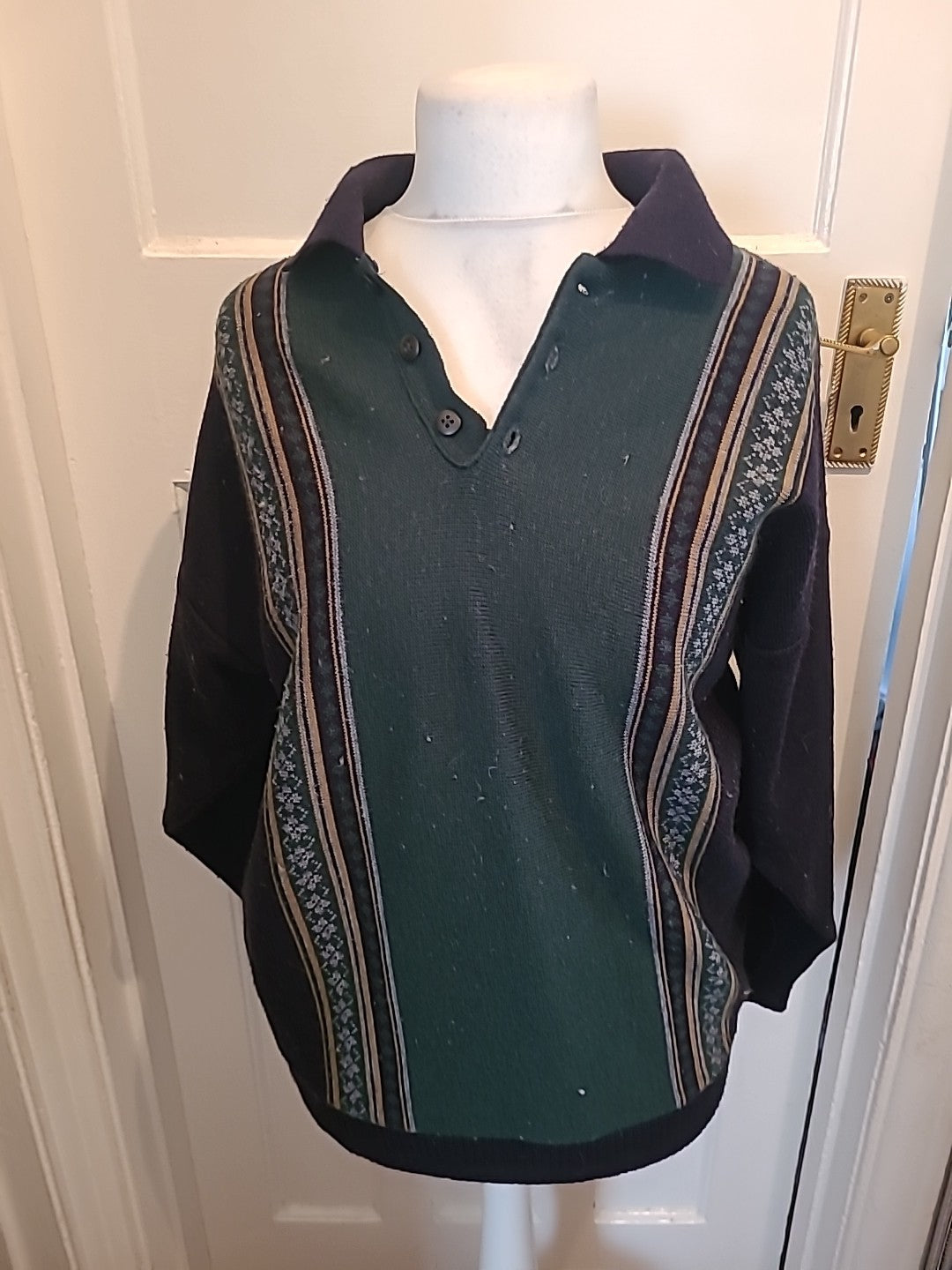 Mens BHS Size Large Dark Navy And Green Collared Jumper