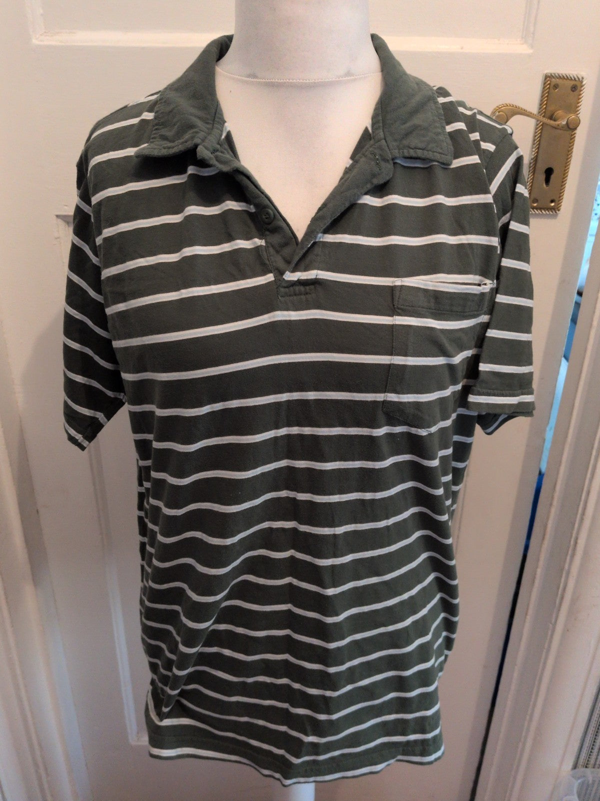 Tu Large Green White Stripe Short Sleeve Polo