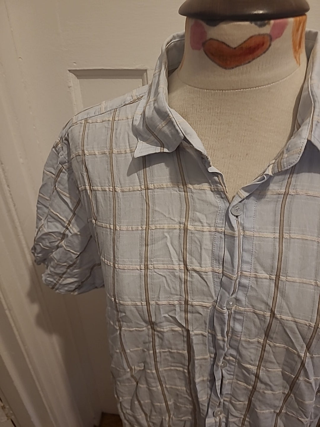 Mens Rocham.John Rocha Size Large Light blue white Gold Checked Short Sleeve...