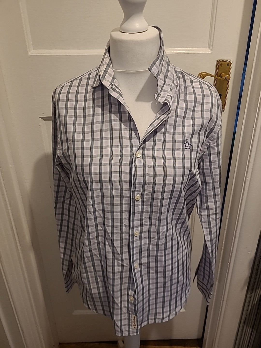 Mens Penguin Size Medium Lilac/Black Check Long Sleeved Shirt