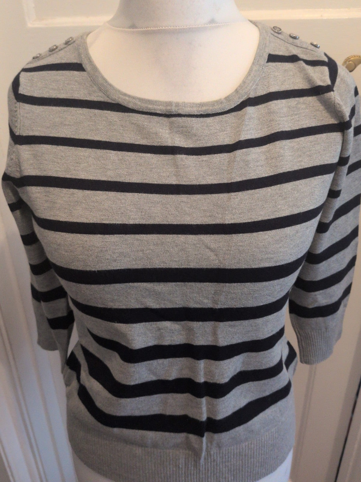 CC Small Petite Grey And Navy Stripe Long Sleeve Lightweight Jumper