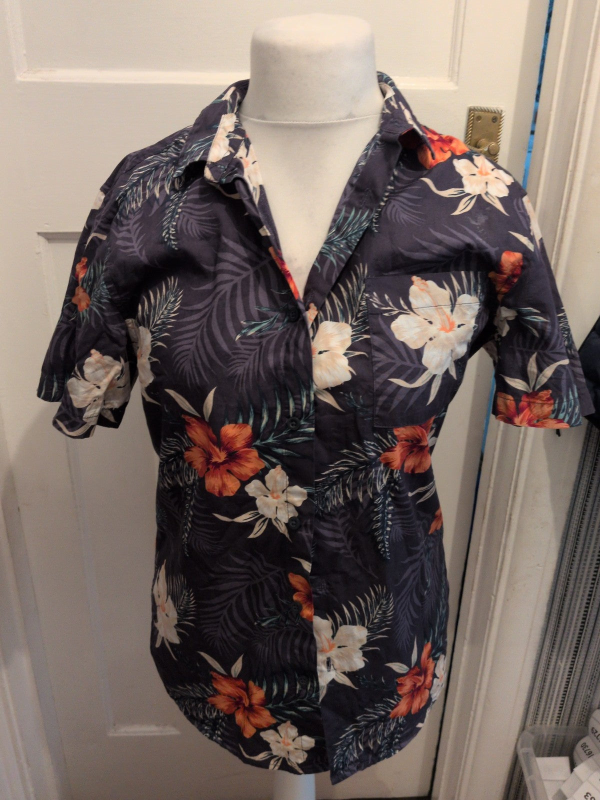 Primark Medium Navy Floral Buttoned Short Sleeve Shirt