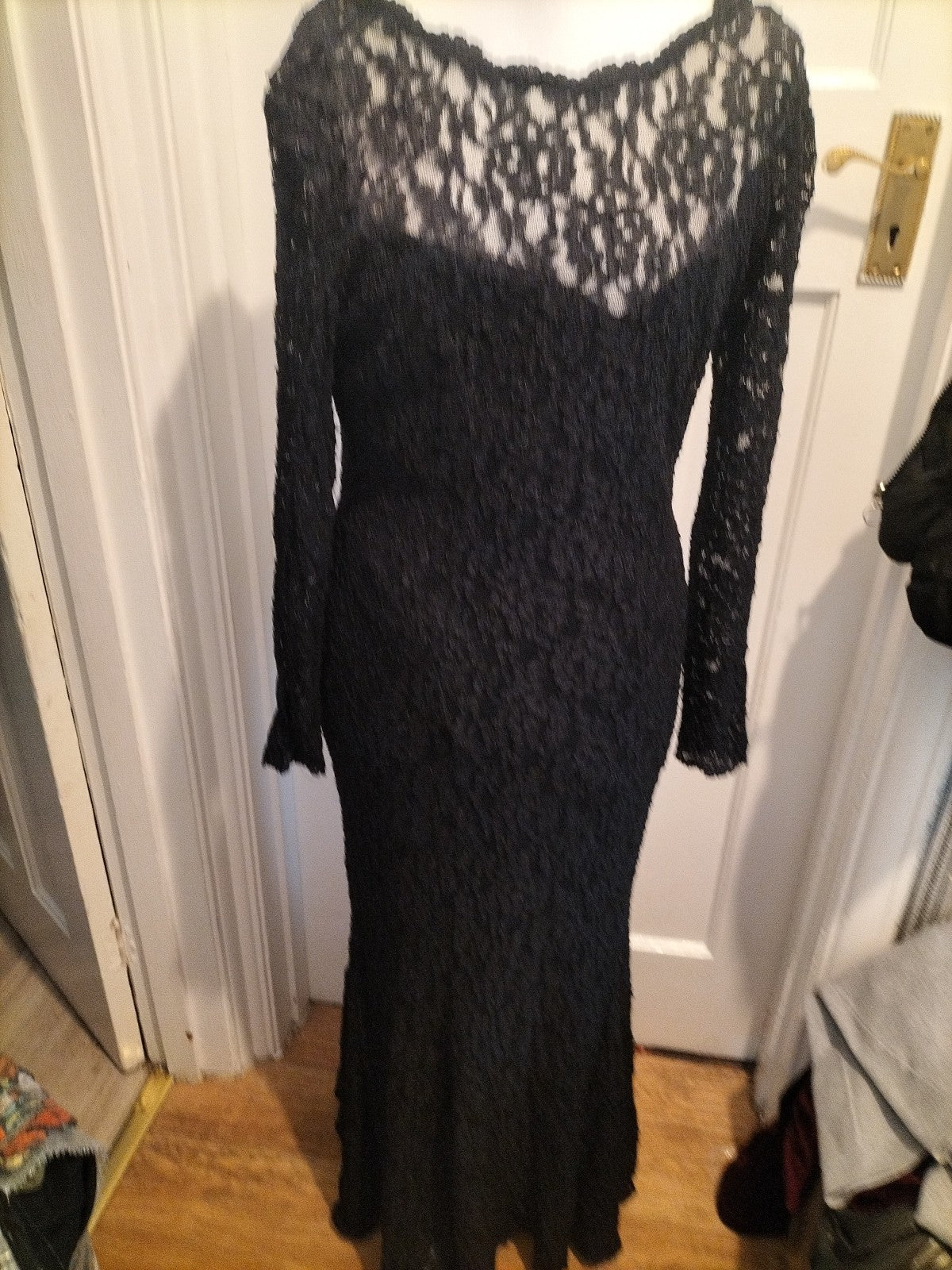 Ladies John Charles Special Occasion Black Lace Long Dress Size 14 Large V Back