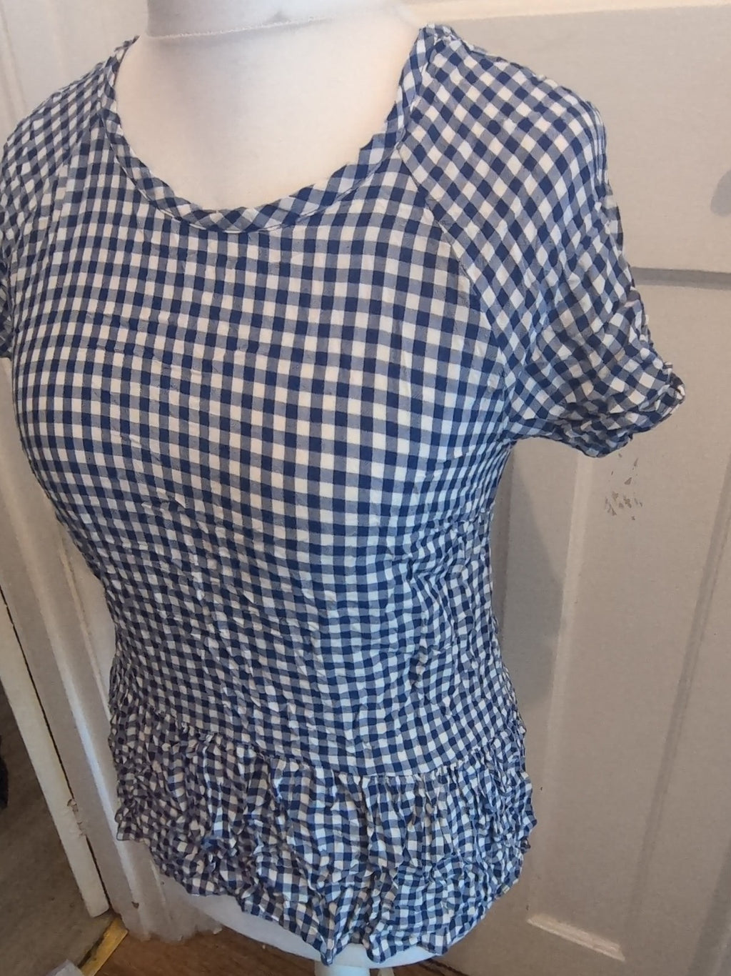 Primark 10 Blue Check V Detail Neck Short Sleeve Blouse