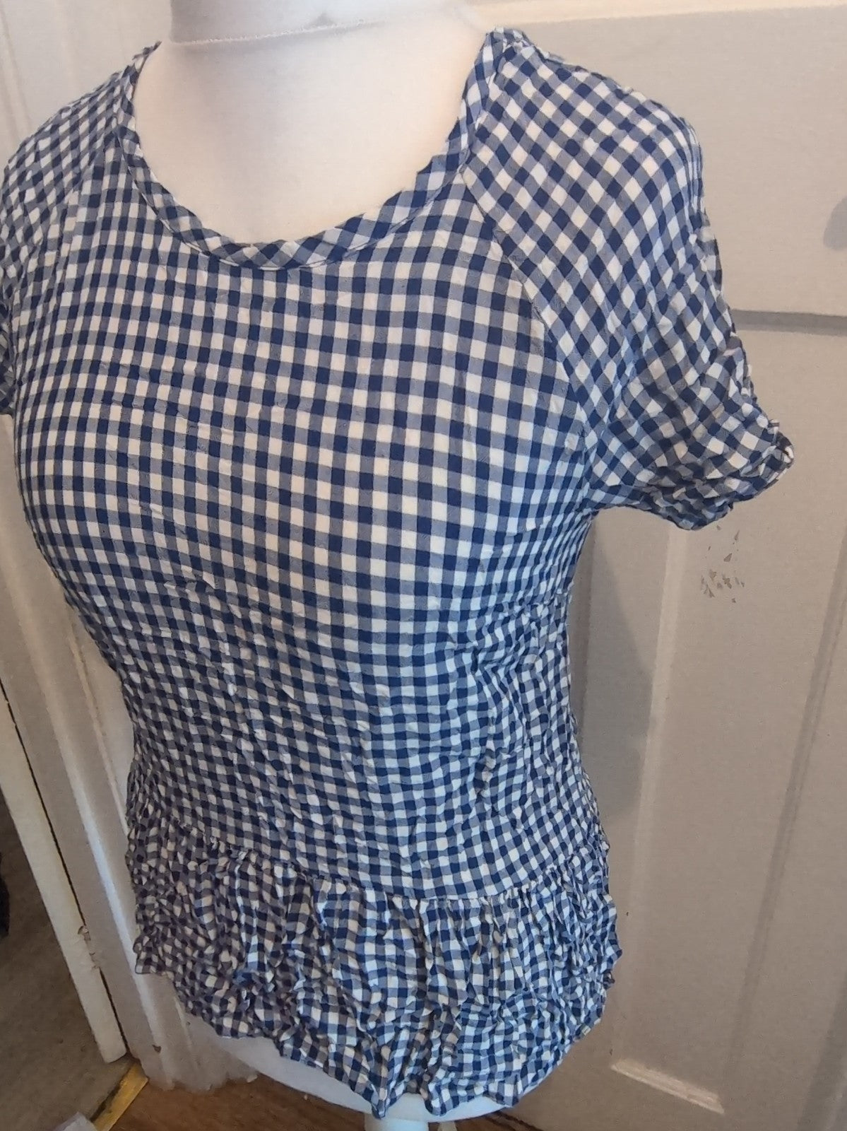 Primark 10 Blue Check V Detail Neck Short Sleeve Blouse