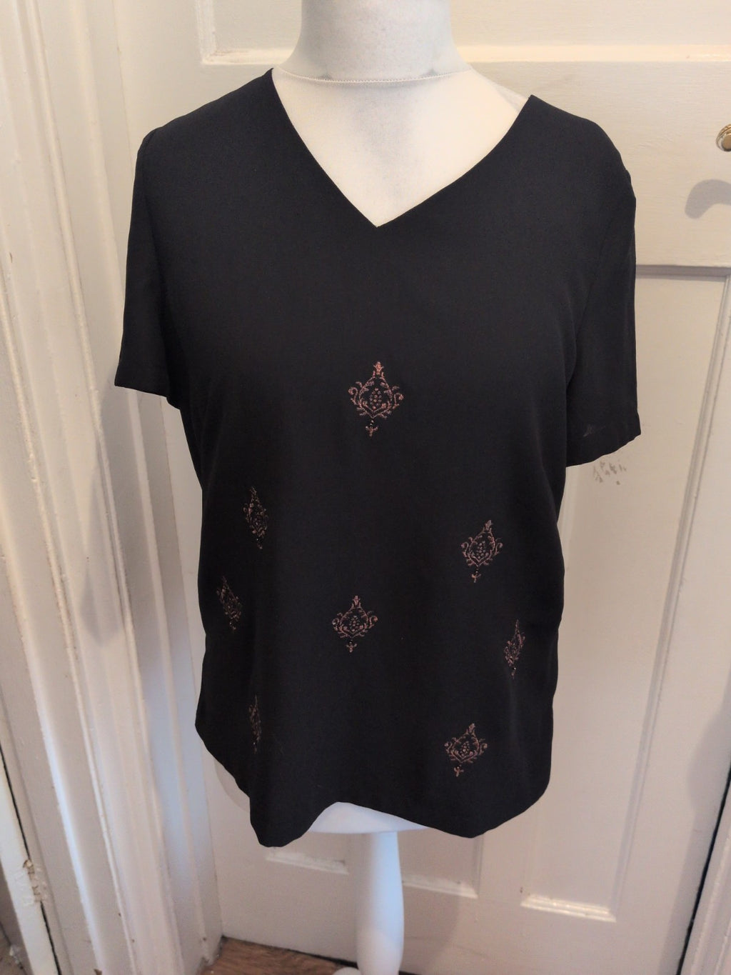 Jacques Vert 14 Black And Brown Short Sleeve Lined Blouse