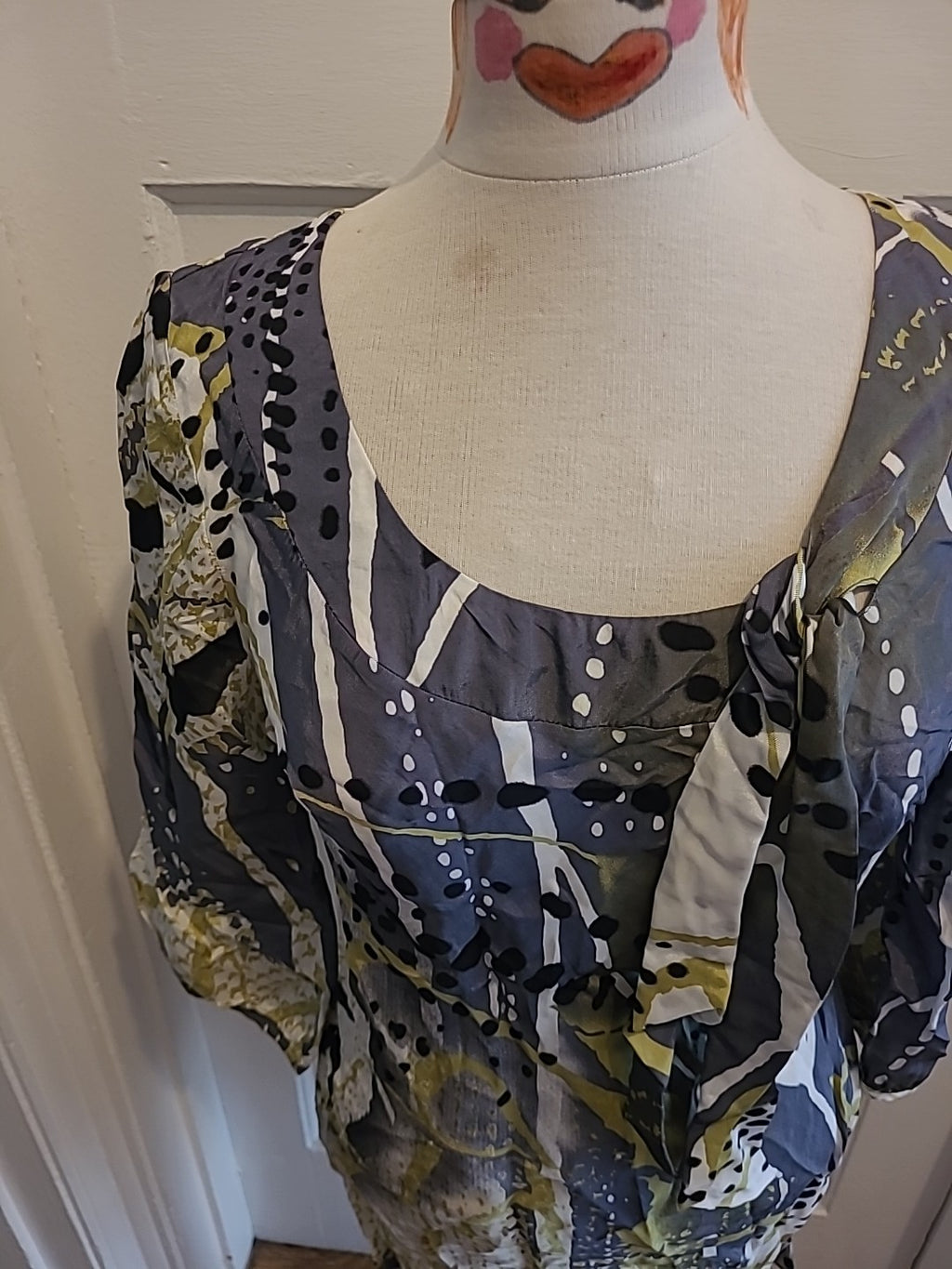 Ladies Per Una Size 10 Green Grey Mid Sleeved Short Dress