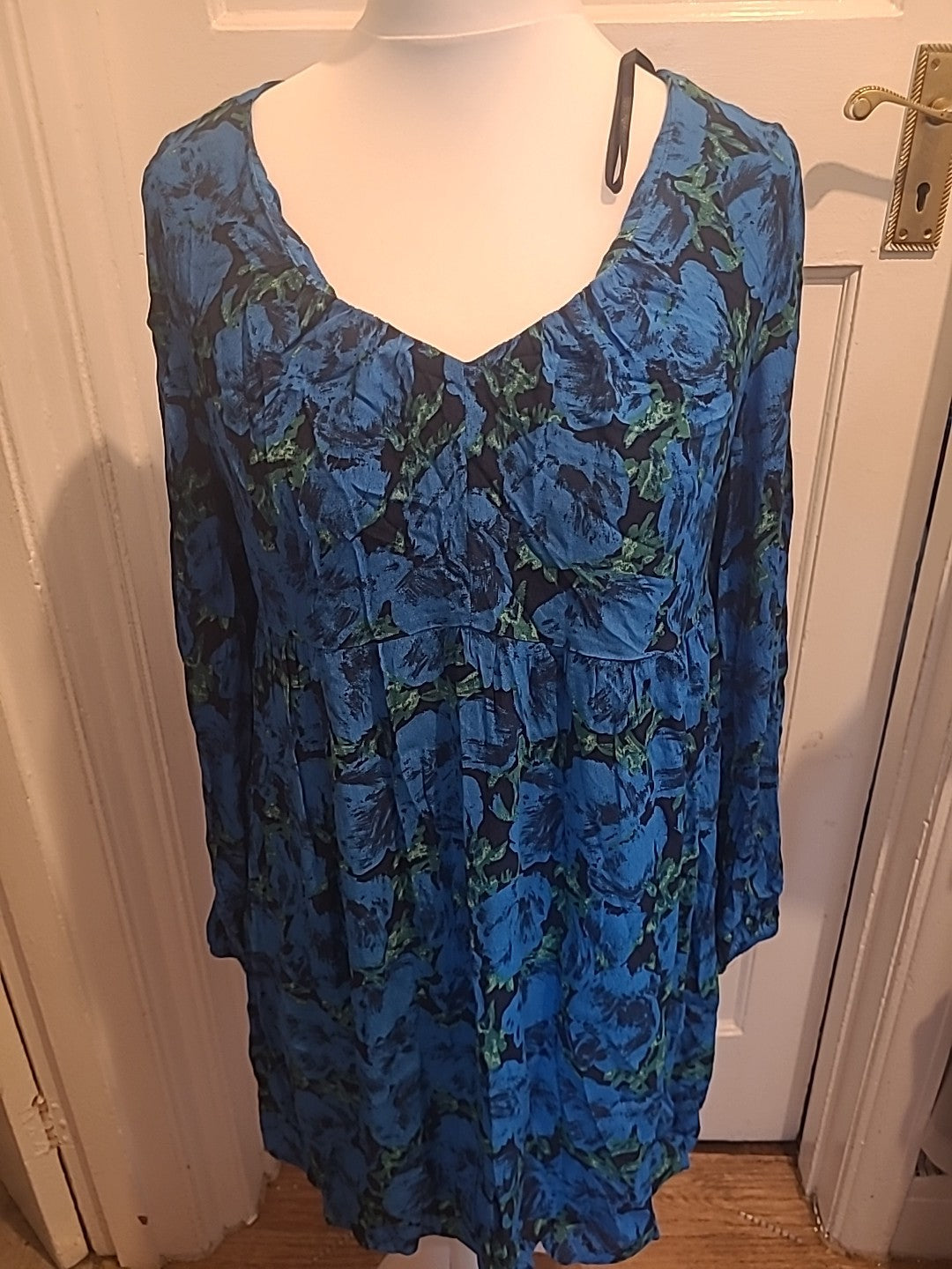 Ladies Primark Size 14 Blue And Green 3/4 Sleeved Floral Dress