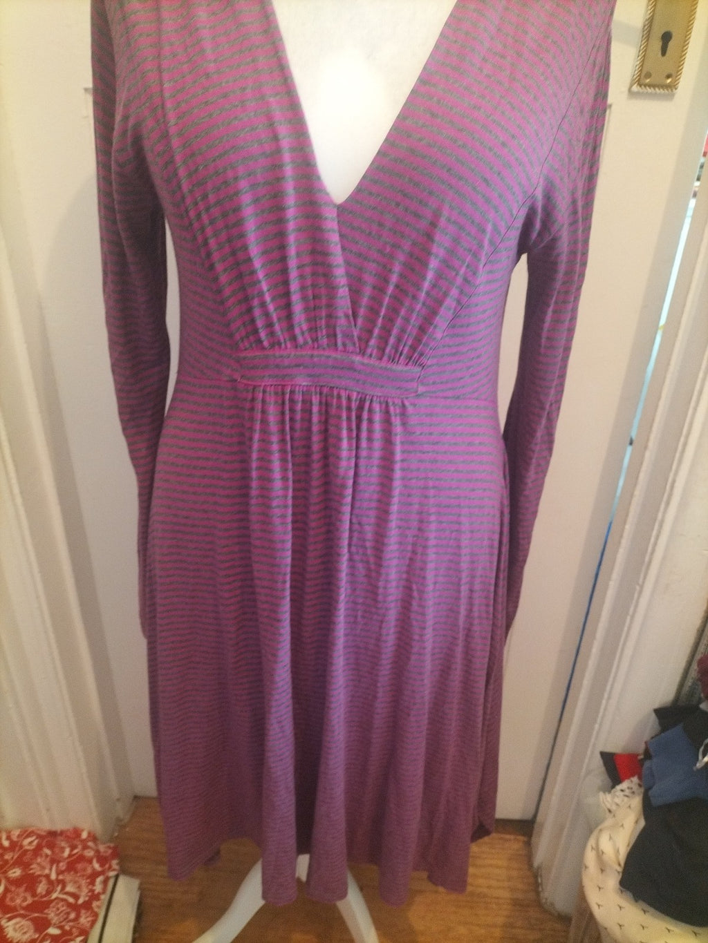 Large Purple Striped Long Sleeved Flare Dress V Neck