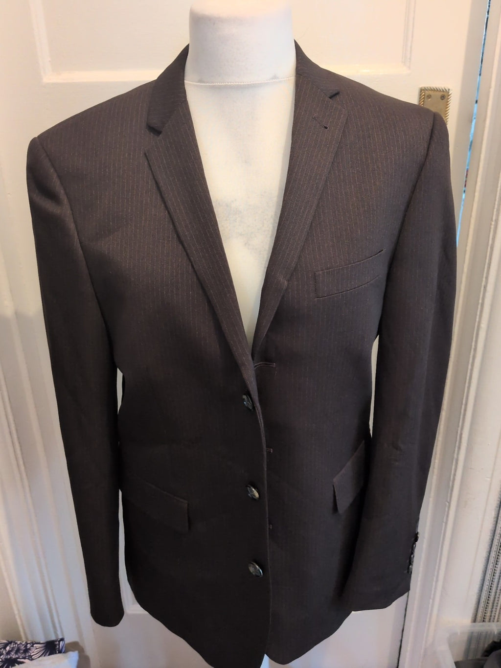 Mens Taylor&Wright Size 40R Tailored Fit Dark Brown Pinstripe Suit Jacket