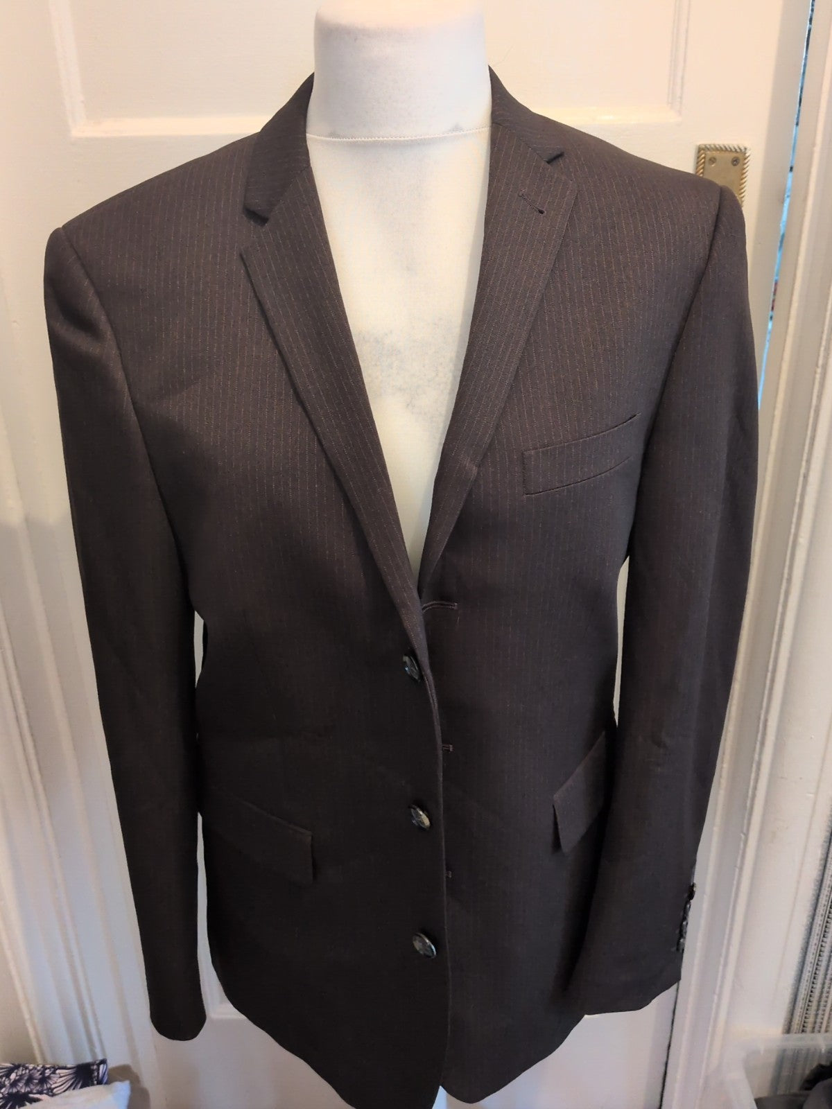 Mens Taylor&Wright Size 40R Tailored Fit Dark Brown Pinstripe Suit Jacket