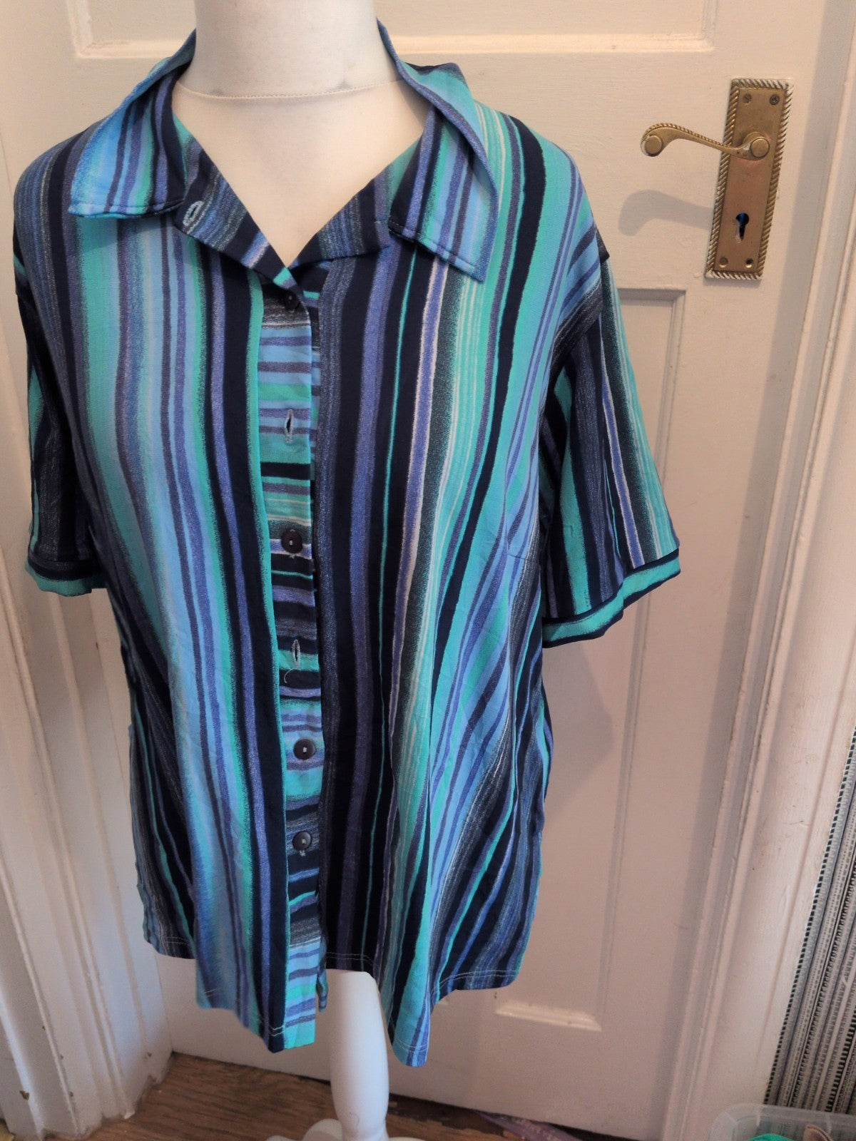 Elvi 22 Multi Streak Stripe Short Sleeve Blouse Collared