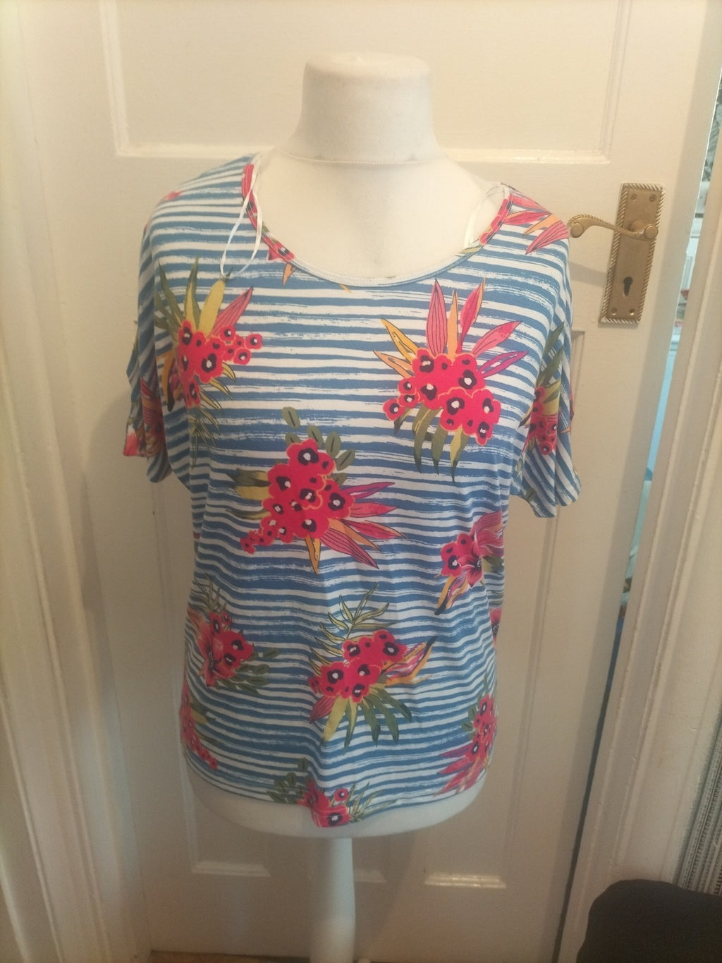 Ladies Isle Size 10-12 Blue Striped Short Sleeved Floral Blouse