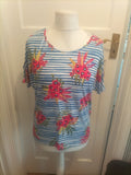 Ladies Isle Size 10-12 Blue Striped Short Sleeved Floral Blouse