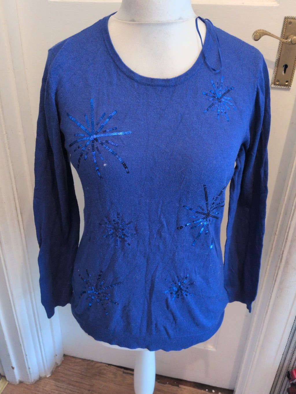 Ladies Damart 14-16 Blue With Sequin Stars Long Sleeve Jumper